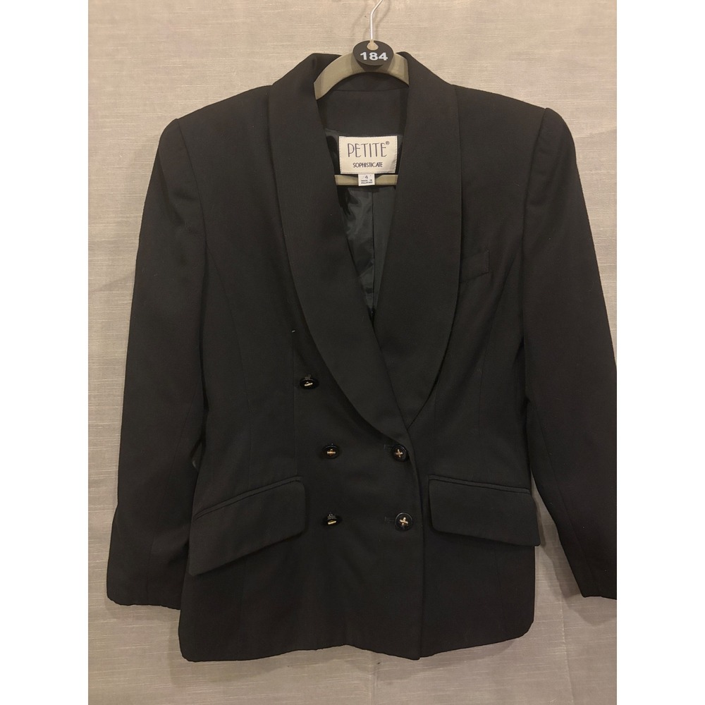 S 184 Vintage 90s Petite Sophisticate Black Double Breasted Tuxedo Power Blazer - Picture 2 of 6